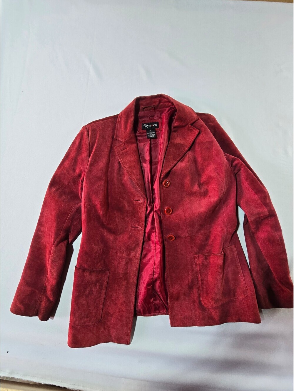 Style & Co Women Red Genuine Leather Blazer Jacket Size M Classic Chic